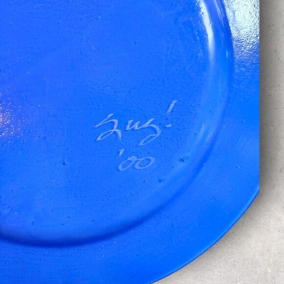 Suz Signed Fused Art Glass Plate 12in Blue Dichroic Modern Decor Gift Rainbow - Picture 5 of 8